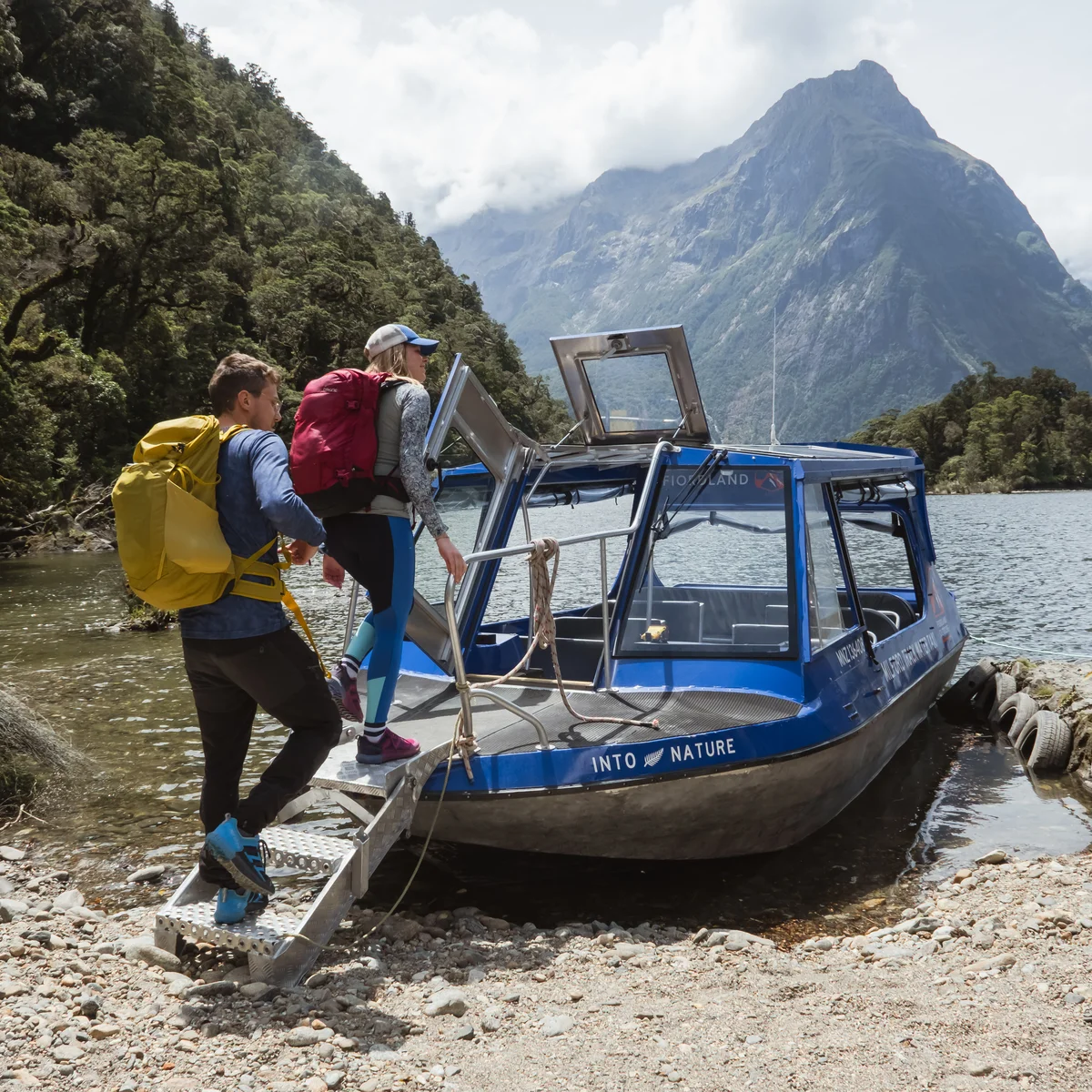 Hikers boarding the Water Taxi at Sandfly Point, Milford Sound