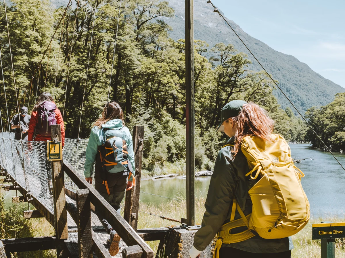 Day walkers heading across the famous Clinton swingbridge on the Milford Track