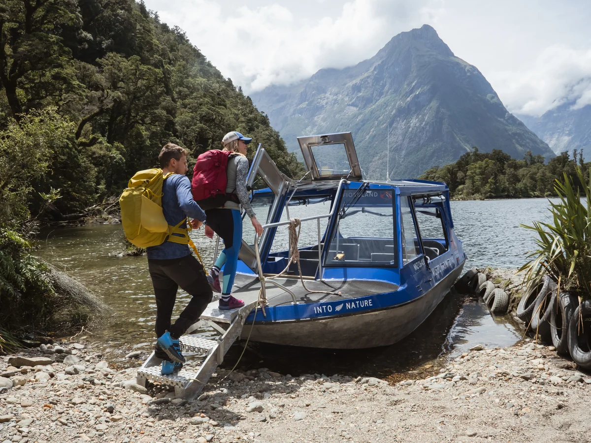 Hikers boarding the Water Taxi at Sandfly Point, Milford Sound